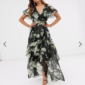 ASOS DESIGN cape back dipped hem maxi dress in waterlily print